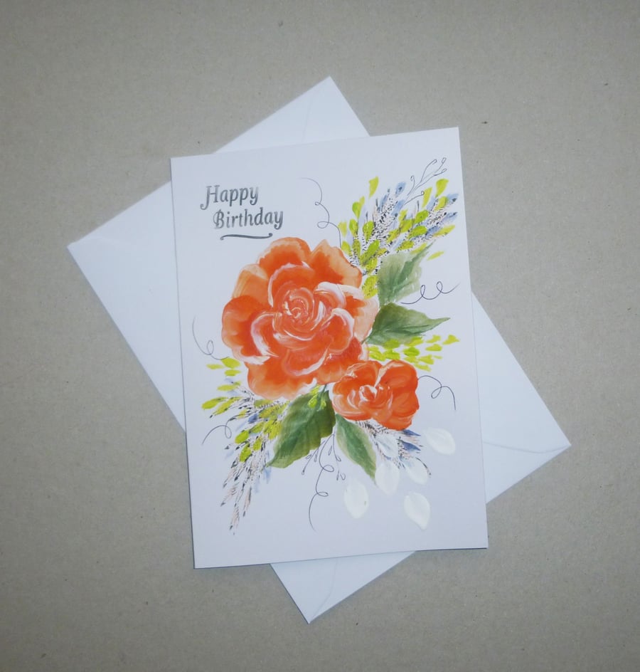 hand painted original art floral birthday  card  ( Ref F748 C4  )