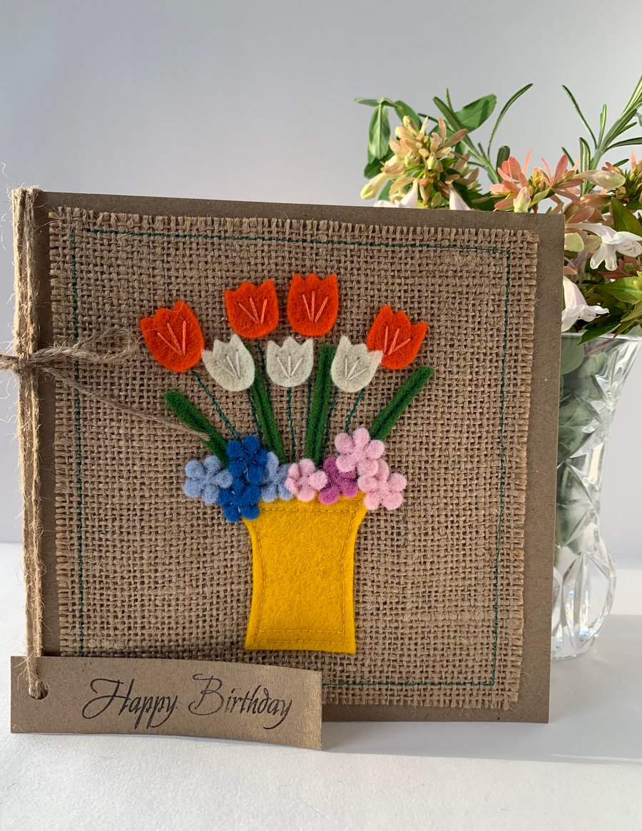 Handmade Birthday Card. Orange, blue and pink flowers. Keepsake card.