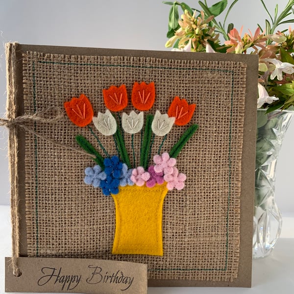 Handmade Birthday Card. Orange, blue and pink flowers. Keepsake card.