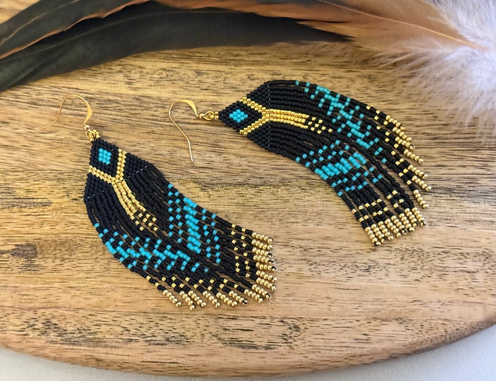 Gold black and turquoise Egyptian style beaded fringe earrings