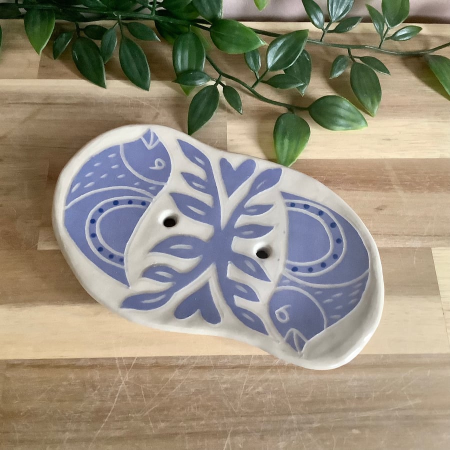 Handmade stoneware sgraffito lilac bird soap dish bathroom decor