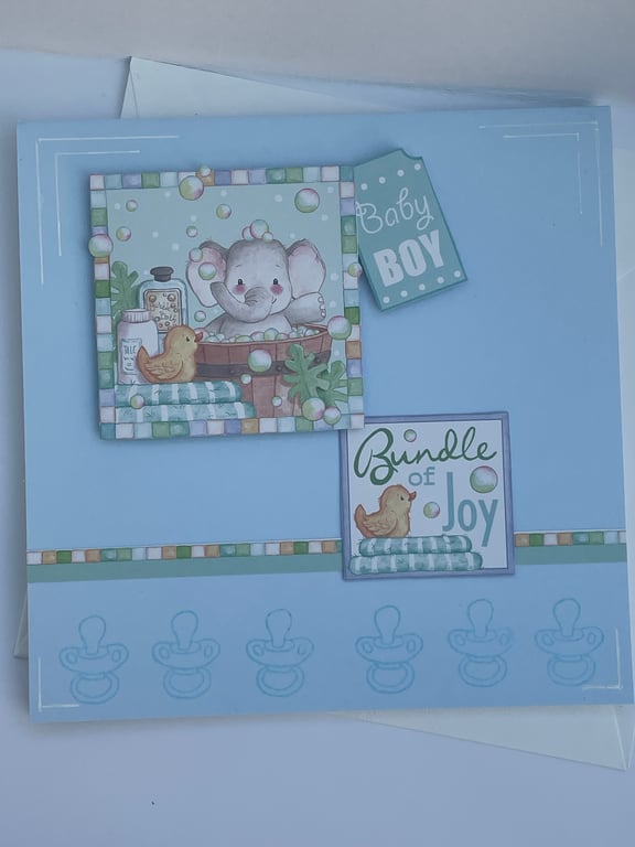 New Baby boy elephant in a bubble bath card and tag