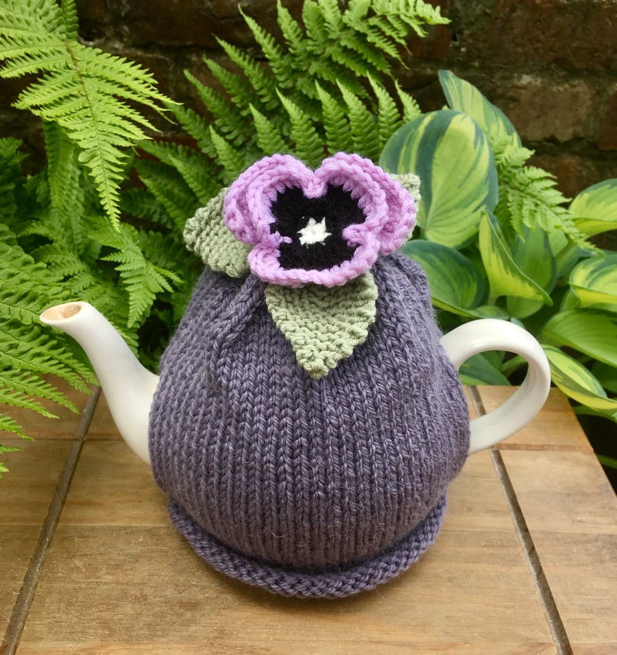 Lilac Pansy Tea Cosy, Grey Alpaca Hand Knitted Teapot Cozy