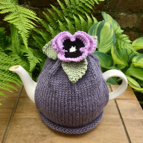 Lilac Pansy Tea Cosy, Grey Alpaca Hand Knitted Teapot Cozy