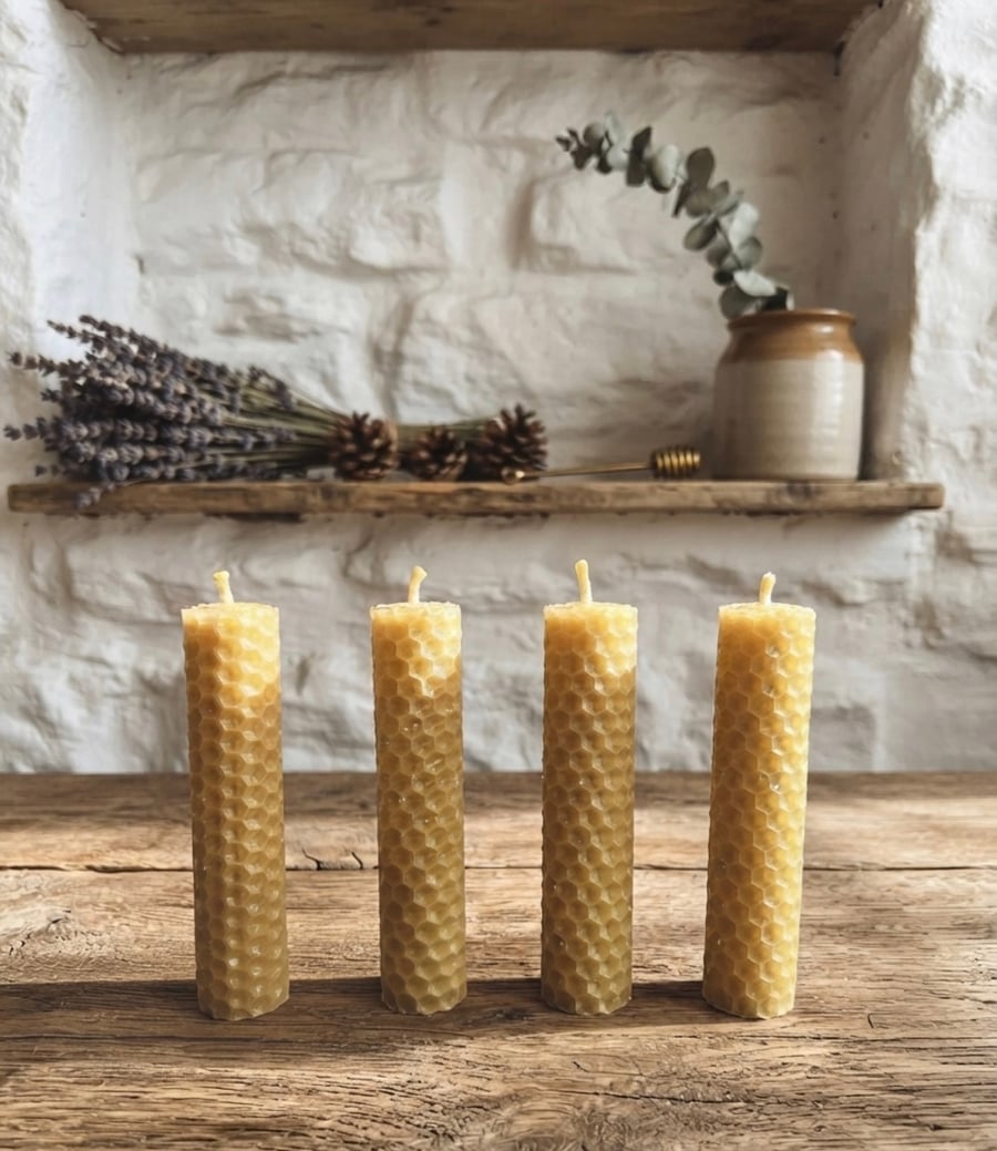 Set of 4 Slim Beeswax Taper Candles 10 cm Pure Small Cotton Wick Candles