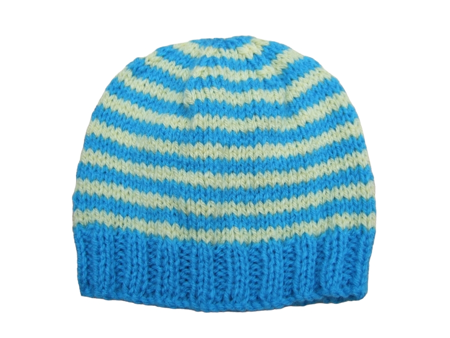 Hand knitted baby beanie hat blue and yellow stripes 0 - 3 months