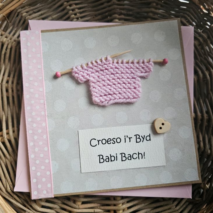 Pink Welsh New Baby Girl Babi Bach Knitted Card Size 5" x 5"