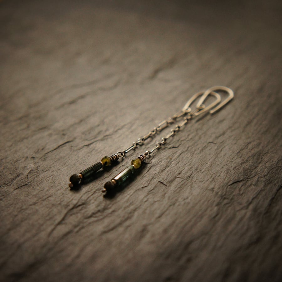 Green Tourmaline and Silver chain Earrings