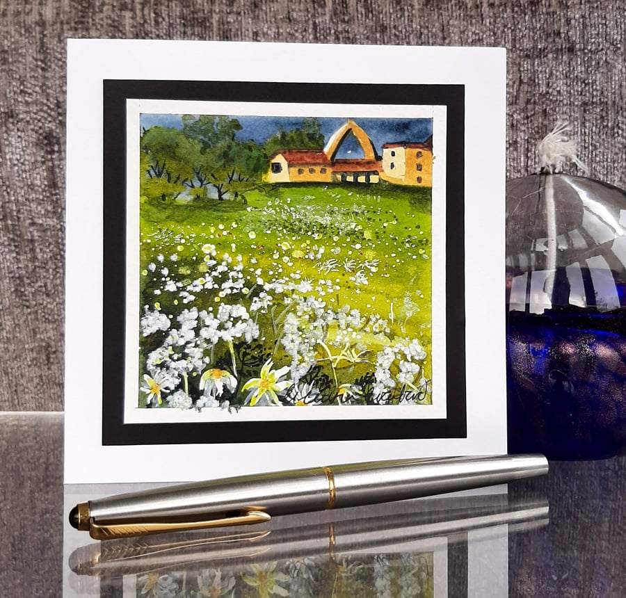 White Flower Garden. Blank Handpainted Gift Greetings Card. Flower Painting.