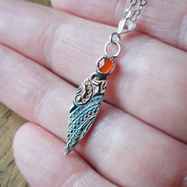 Flow of Colours, drop leaf charm, carnelian, eco silver, handmade 