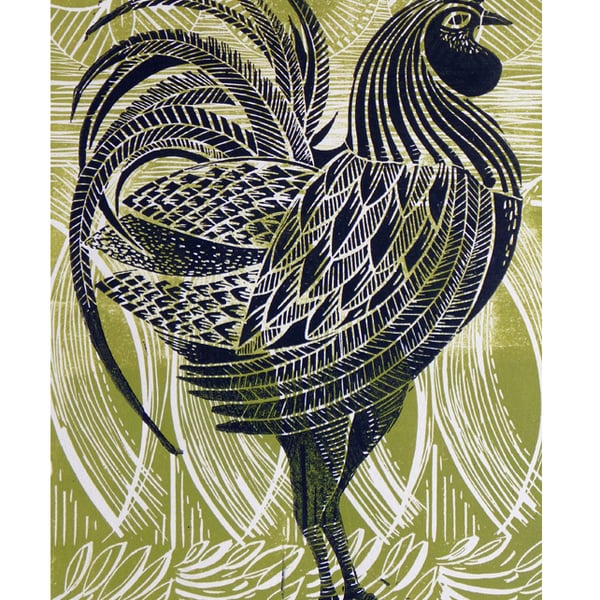 Green Cockerel original linocut print SALE HALF... - Folksy