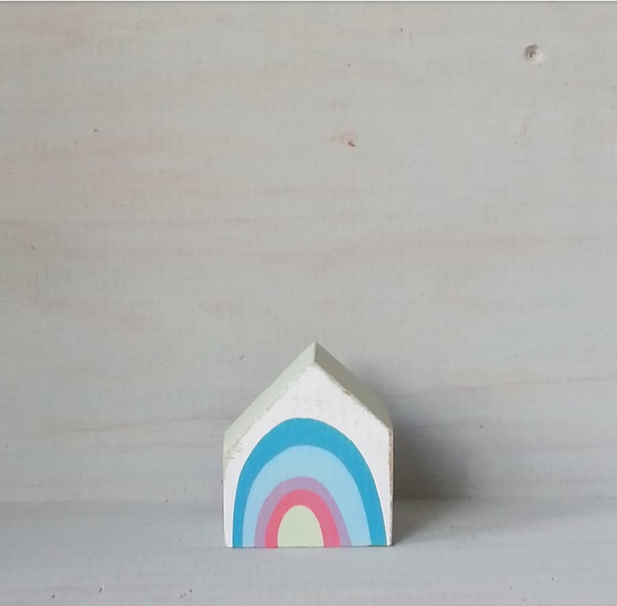 Miniature Wooden House, Rainbow House, House Ornament, Housewarming Gift