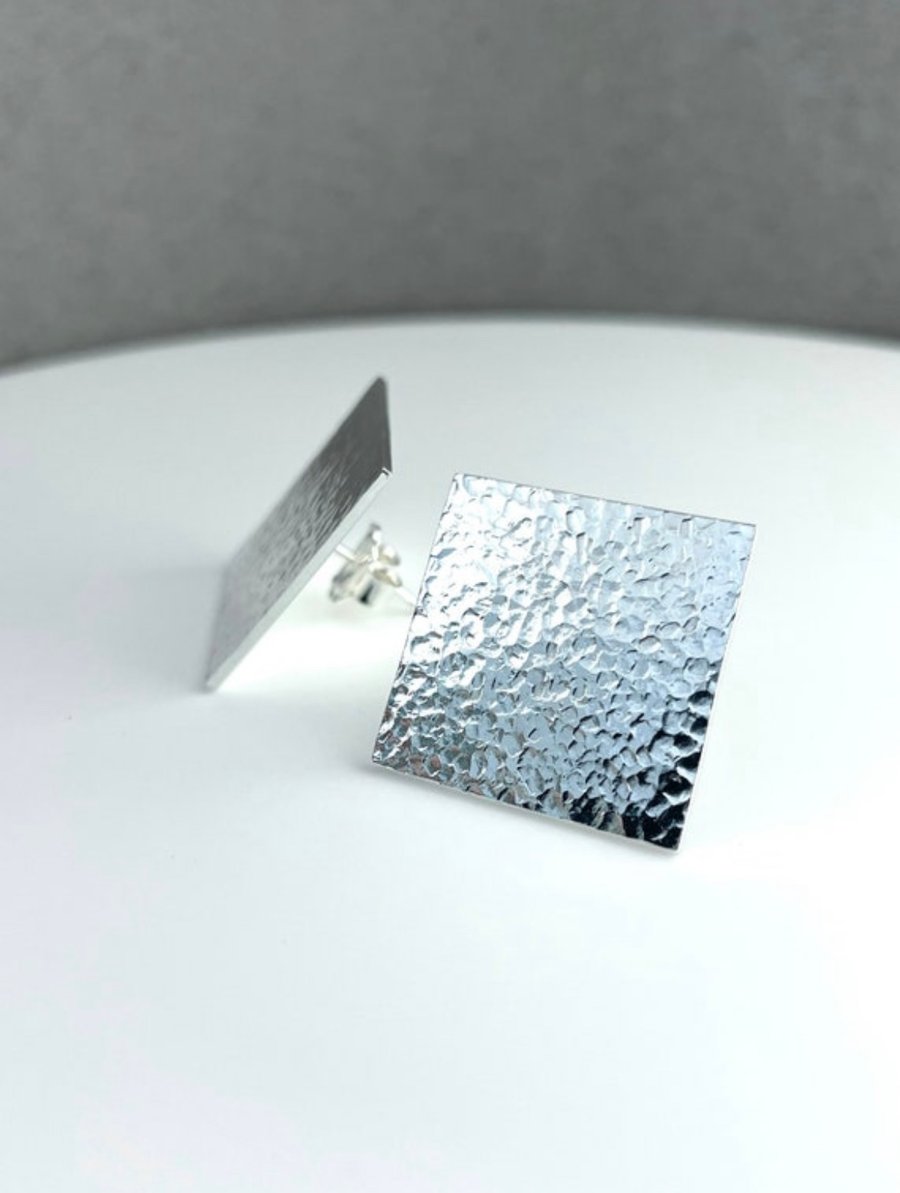 Large 2cm Sterling Silver Square Ear Stud Earrings Hammered-Sparkly Handmade 