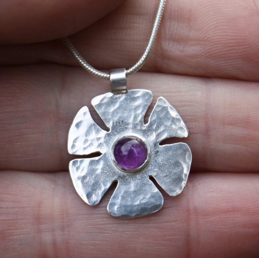 Silver and Amethyst Flower Pendant on chain , end of line SALE