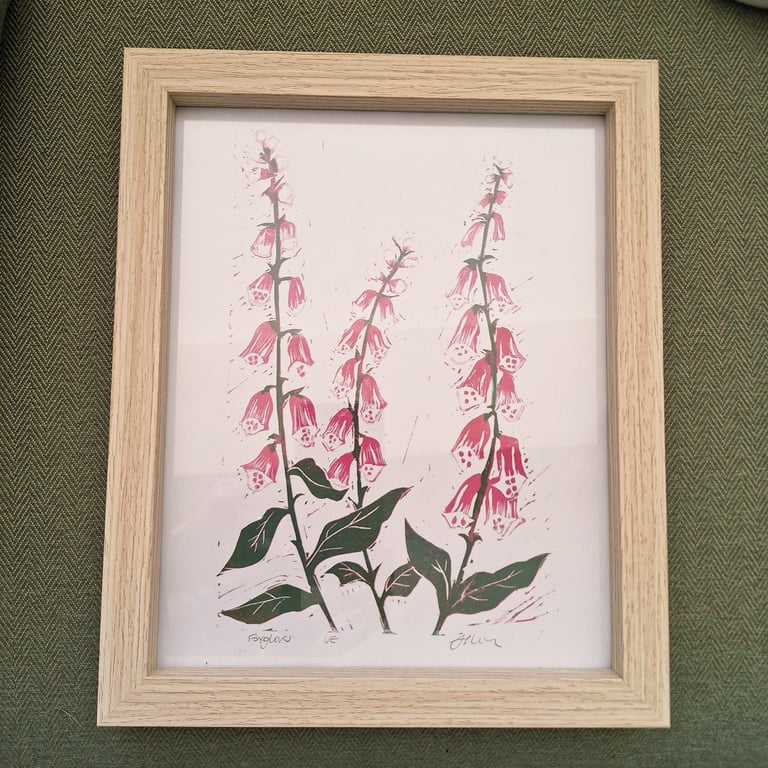 'Foxgloves' An original linoprint of foxgloves in three colours.