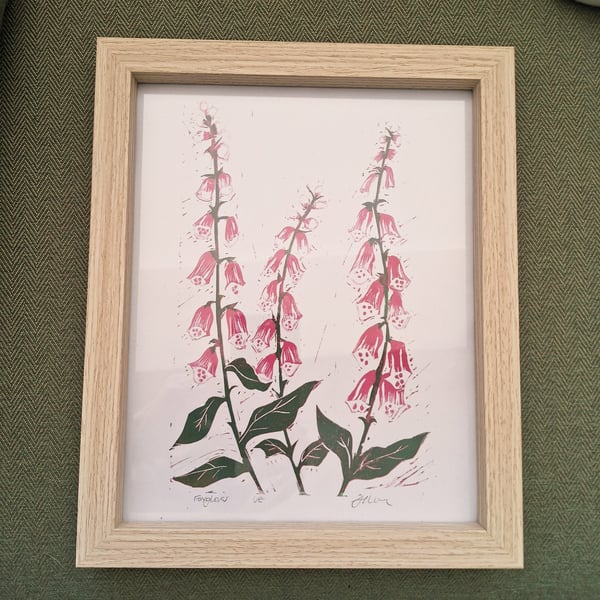 'Foxgloves' An original linoprint of foxgloves in three colours.