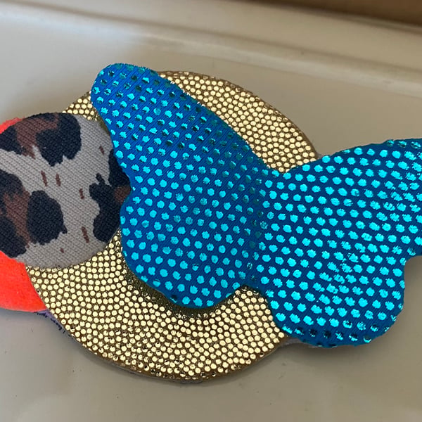 Circles and butterfly fabric brooch inspired by Scottish wildlife 