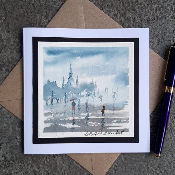 Blank Handmade Card.  Handpainted Card. Rainy Spires. Keepsake