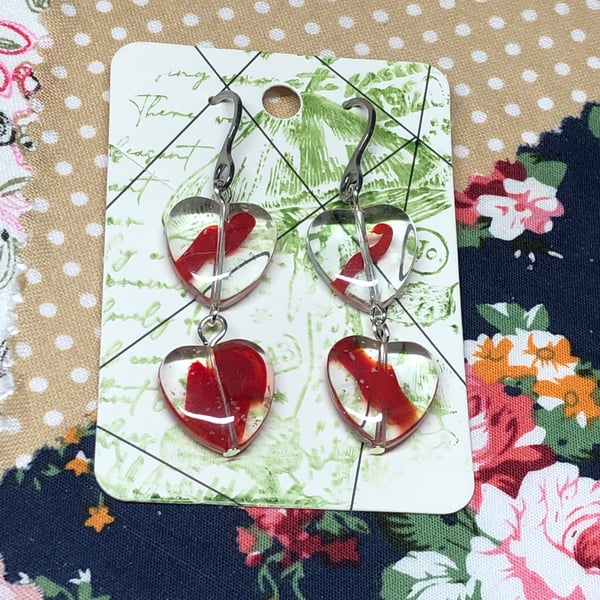 Red glass heart earrings