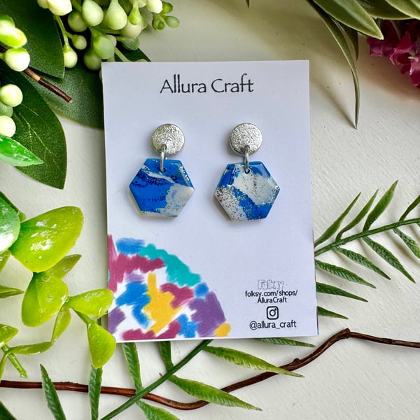 Blue White & Silver Hexagon Earrings 