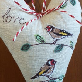 Padded Heart Hanging Decoration - Goldfinches