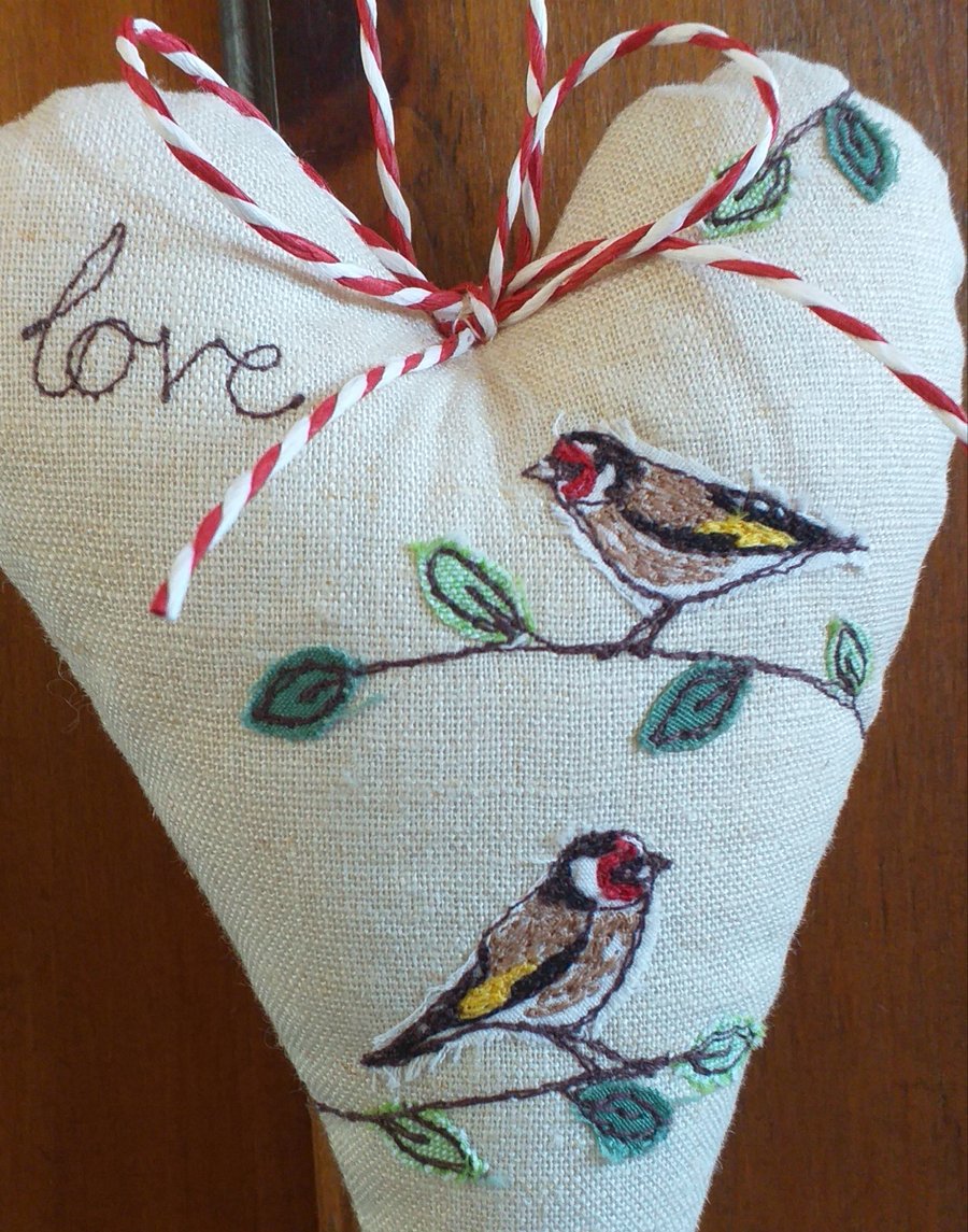 Padded Heart Hanging Decoration - Goldfinches
