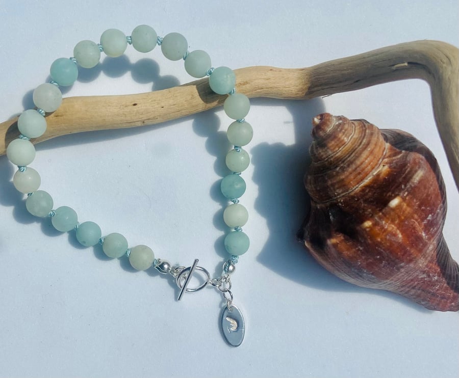 Frosted Amazonite on Hand-Knotted Natural Silk & Sterling Silver Bracelet 
