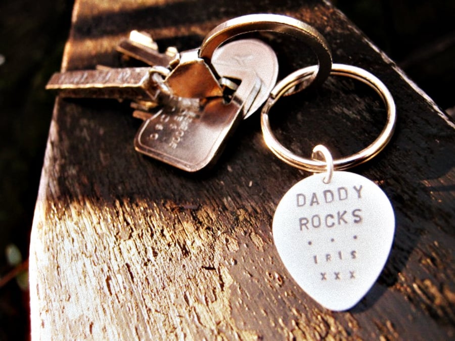 Personalised silver guitar plec keyring