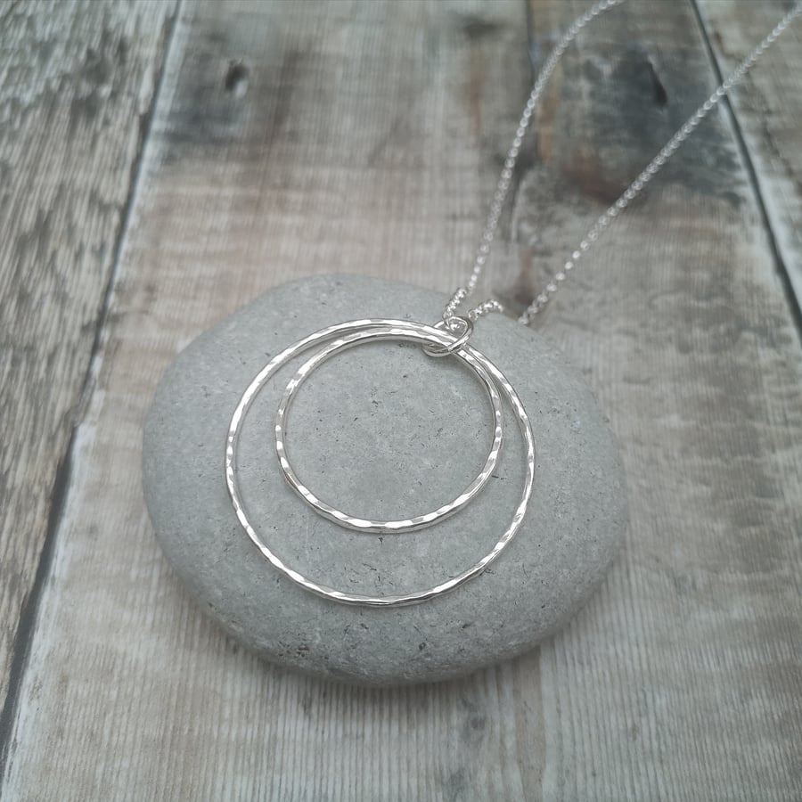 Sterling Silver 2 Circle Long Length Statement Necklace