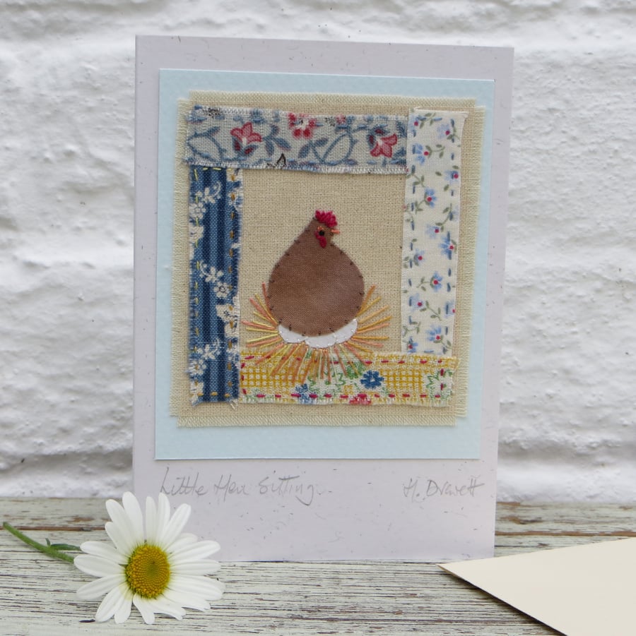 Little Hen Sitting hand-stitched card to make you smile! Beautiful card to keep