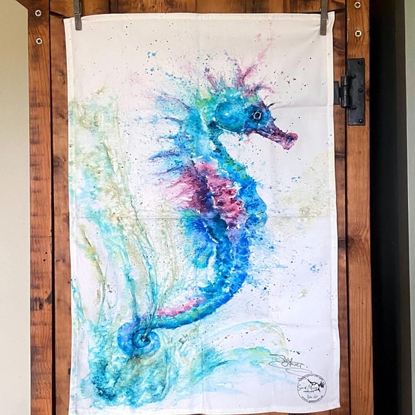 Seahorse Tea Towel, Wildlife Art Tea Towel, 100% Cotton, Kitchen Towel, Seahorse