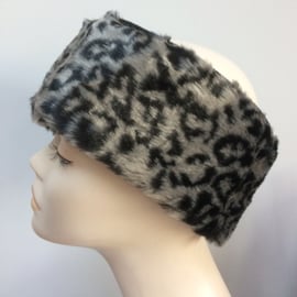 Ladies Faux Fur Headband Ear Warmer Head Band Silver Grey Leopard Print Edition