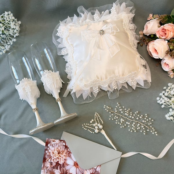 Wedding Essential Set, Luxury Bridal Gift, Ring Pillow & Flutes