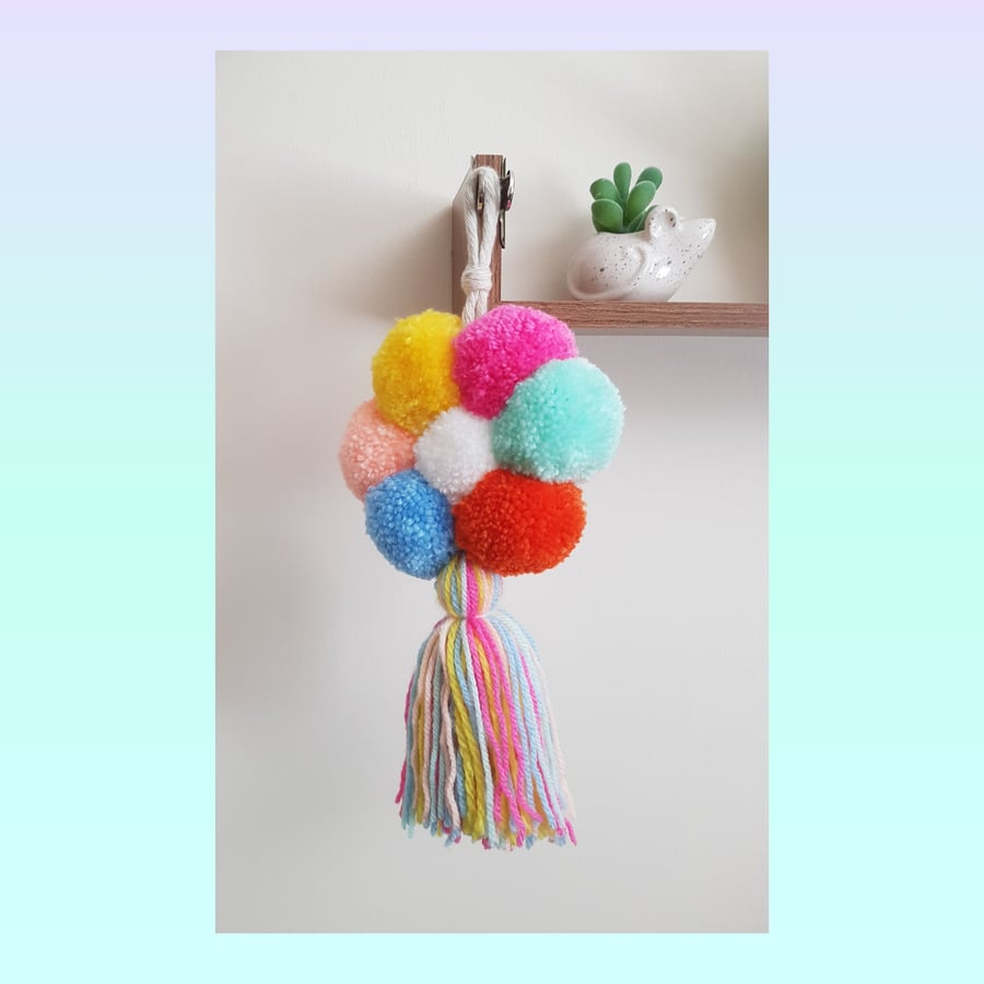 Handmade Rainbow Pompom Flower Hanging – Colourful Yarn Wall Art with Tassel