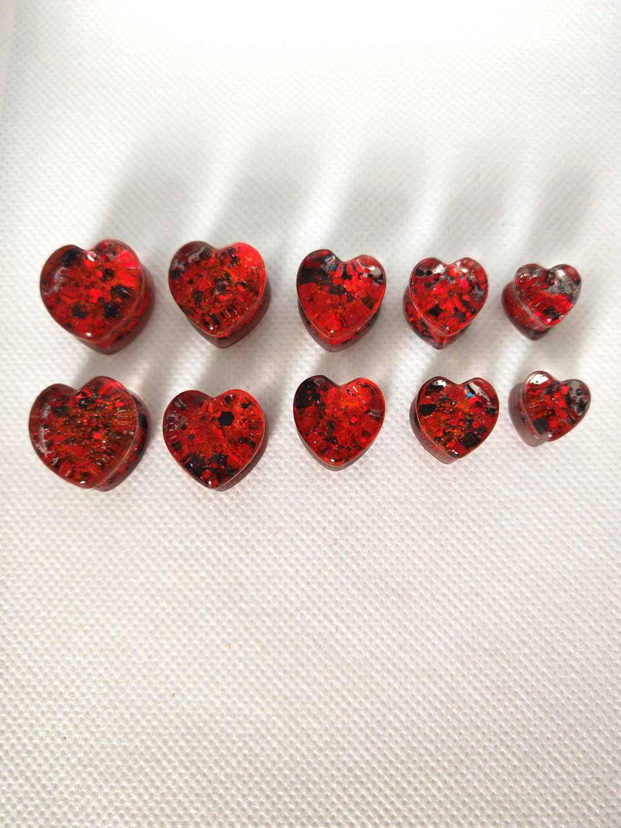 Red & Black Glitter Heart Ear Tunnels: Handmade Resin Gauges