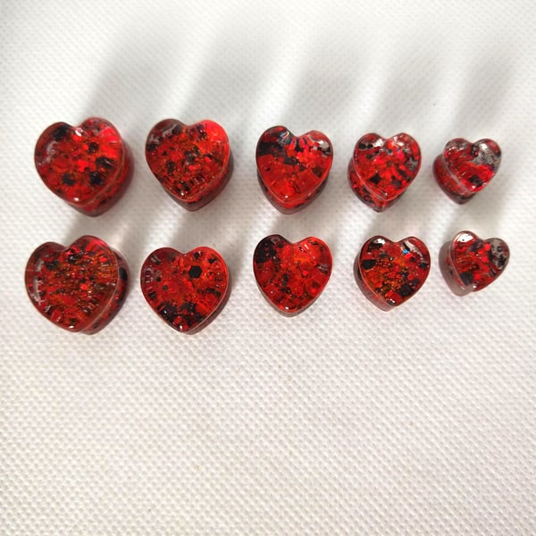 Red & Black Glitter Heart Ear Tunnels: Handmade Resin Gauges