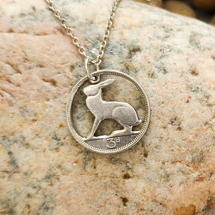 Pendant pierced from Irish hare threepenny piece
