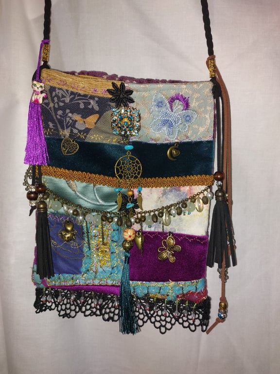 Handcrafted embellished purple  teal velvet Bohemian Gypsy Hippie Festival Bag