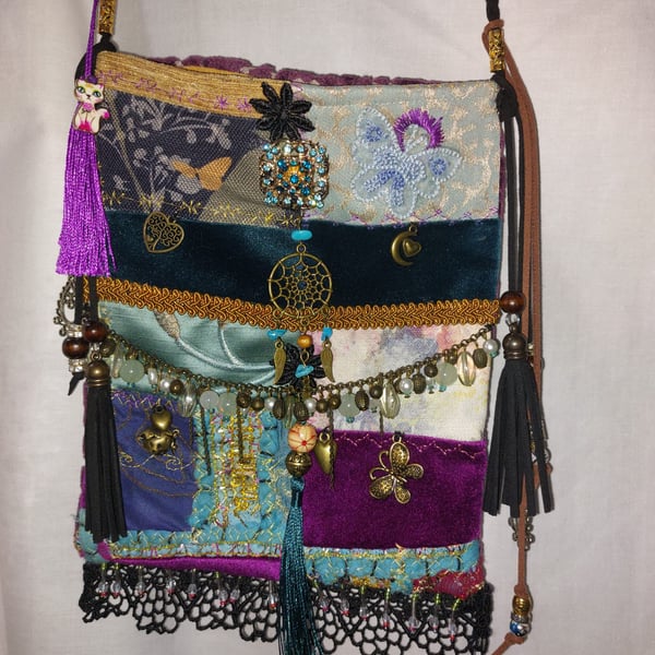 Handcrafted embellished purple  teal velvet Bohemian Gypsy Hippie Festival Bag