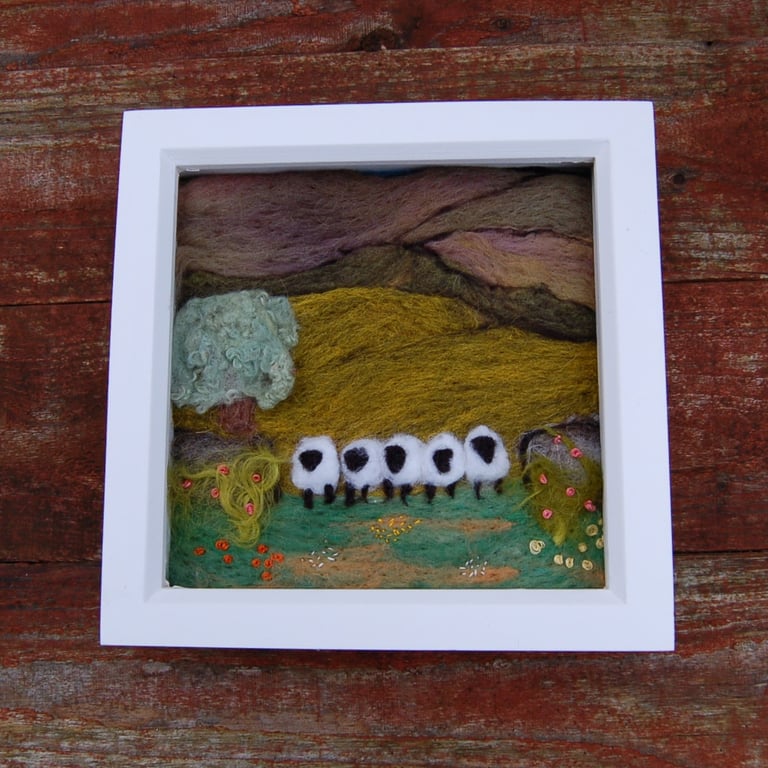 Five sheep stonewall wool painting.  Needlefelt picture with hand embroidery