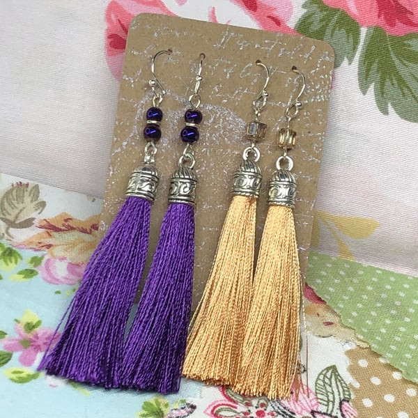 Caramel and Purple tassel earrings