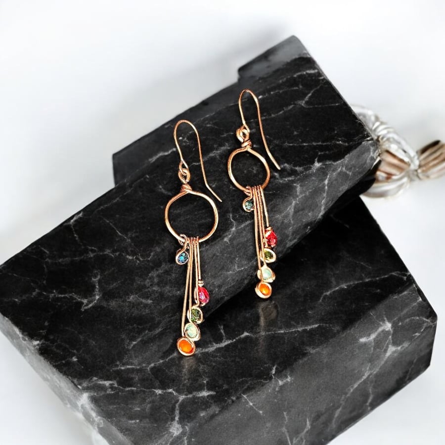 Handmade Oxidised Copper Preciosa Crystal Earrings, Dangle, Vibrant - Gift Boxed
