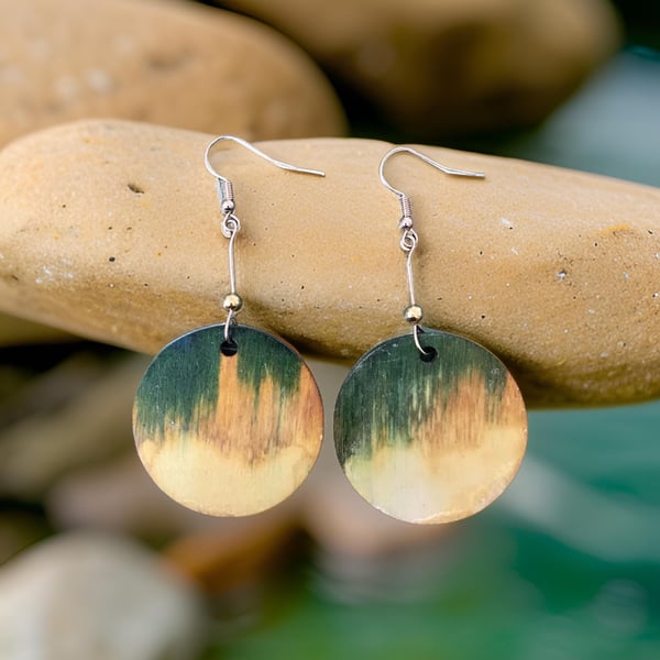 Earrings - Boho style, Dangle, Alcohol Ink on Wood - Gold Plated, Freepost