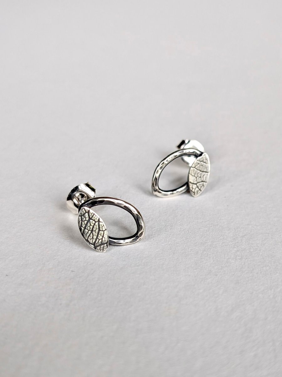 Double leaf sterling silver stud earrings with printed and hammered texture