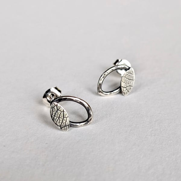 Double leaf sterling silver stud earrings with printed and hammered texture