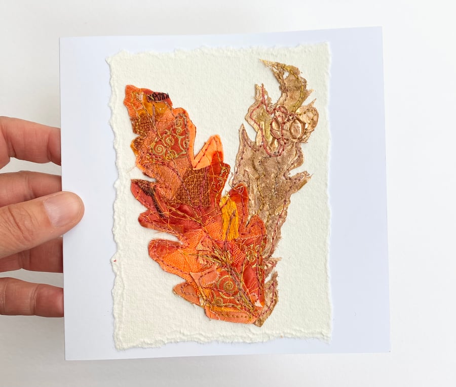 Up-cycled handmade fabric embroidered leaf art card. 