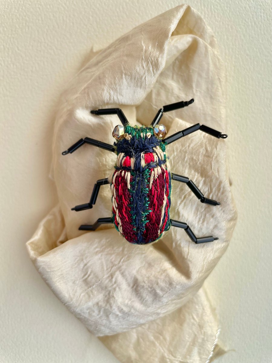 Beetle brooch, insect gift, silk embroidered rainbow bug 