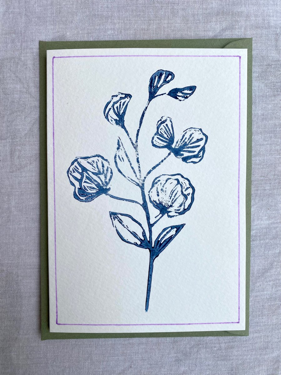 Sweet pea flower - linoprint card