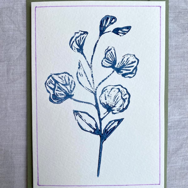 Sweet pea flower - linoprint card