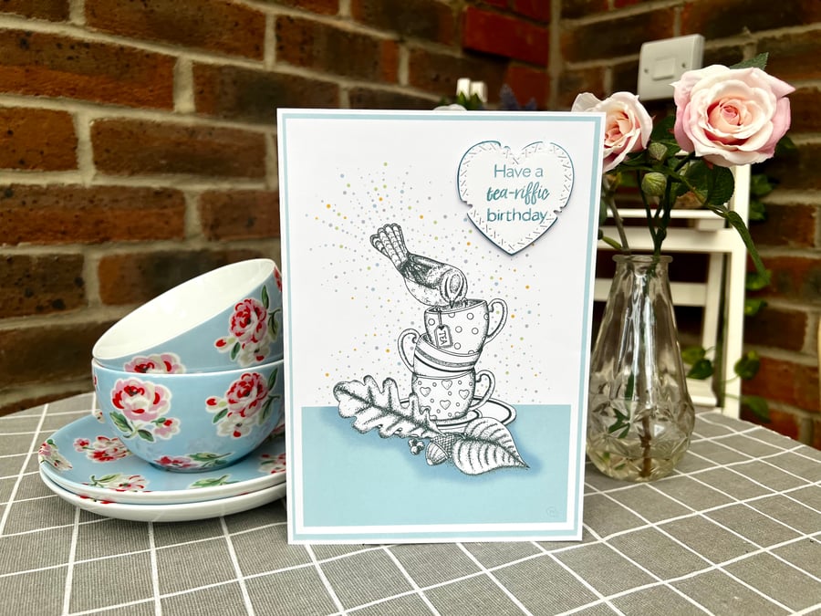 Birthday card ‘Afternoon tea, cup stack illustration’